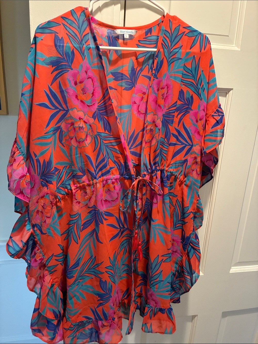 blue island Orange Floral V‑Neck Drawstring Tunic with Pink & Blue Print